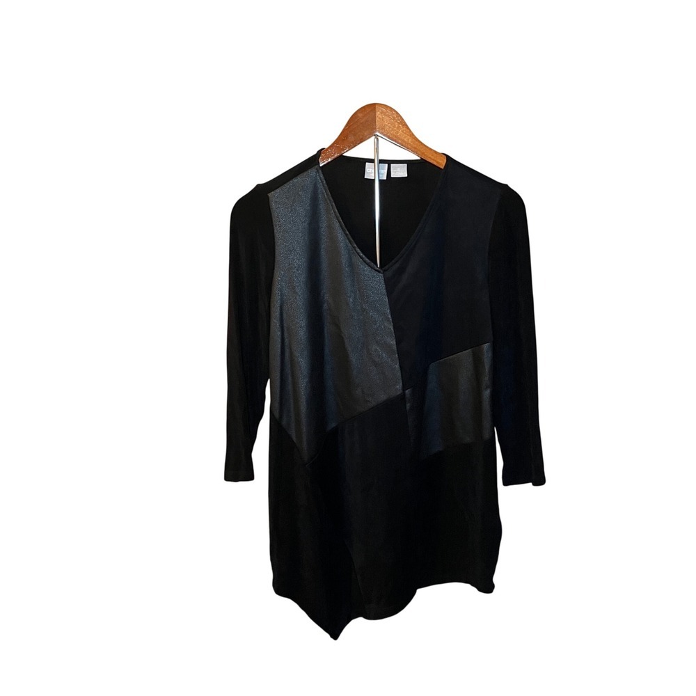 Chico's Size S  Faux Black Leather Paneled V-Neck 3/4 Sleeve  Tunic Workwear Top